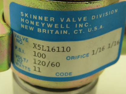 Honeywell Skinner X5L16110 Solenoid Valve 3-Way NC 120V 100 PSI 1/4" NPT