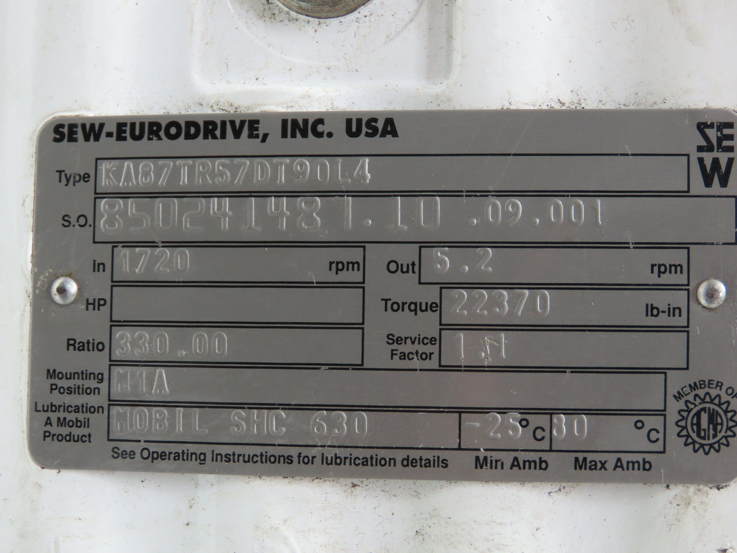 Sew Eurodrive Gear Motor KA87TR57DT90L4 330:1 Ratio 2hp 5.2 Rpm 2-3/8" Hollow