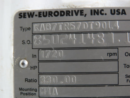Sew Eurodrive Gear Motor KA87TR57DT90L4 330:1 Ratio 2hp 5.2 Rpm 2-3/8" Hollow