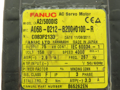Fanuc A2/5000IS AC Servo Motor AO6B-0212-B200#0100-R  Encoder A860-2000-T321