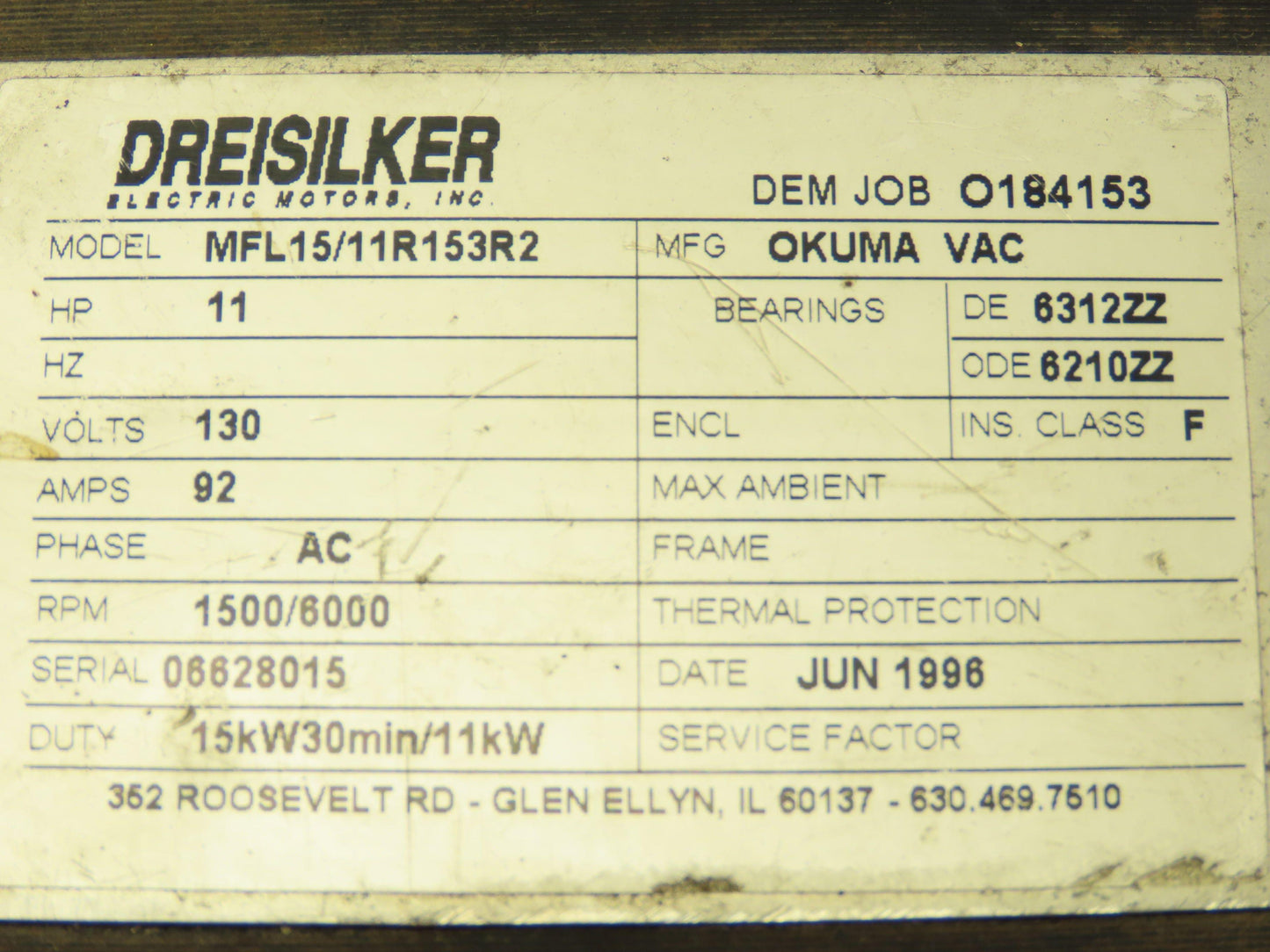 Dreisiliker MFL15/11R153R2 11 HP. 130v AC Motor 1500/6000 Rpm Okuma