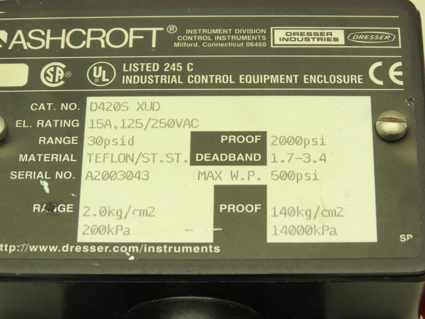 Ashcroft D420S XUD Pressure Switch 30 PSID 15A 125/250VAC