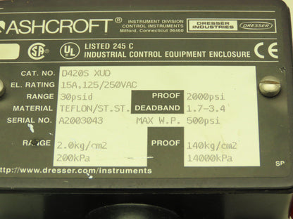 Ashcroft D420S XUD Pressure Switch 30 PSID 15A 125/250VAC