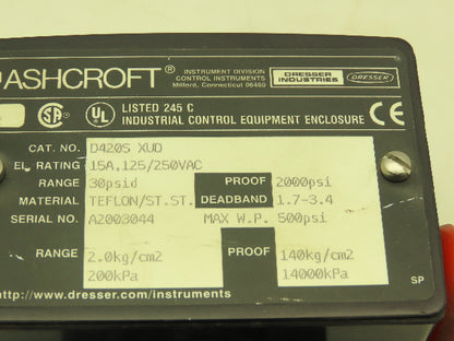 Ashcroft D420S XUD Pressure Switch 30 PSID 15A 125/250VAC