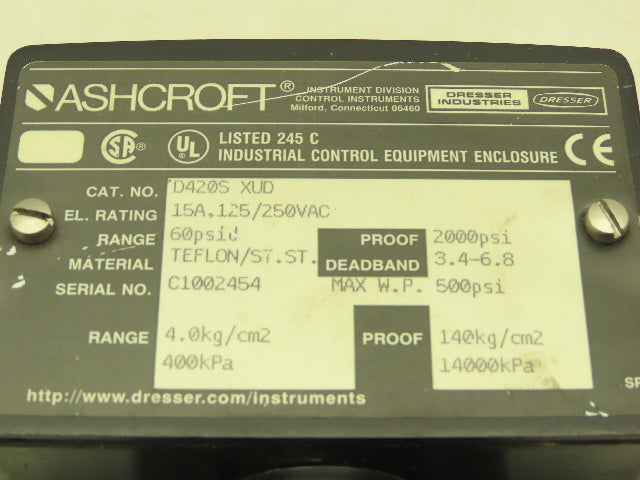 Ashcroft D420S XUD Pressure Switch 60 PSID 15A 125/250VAC