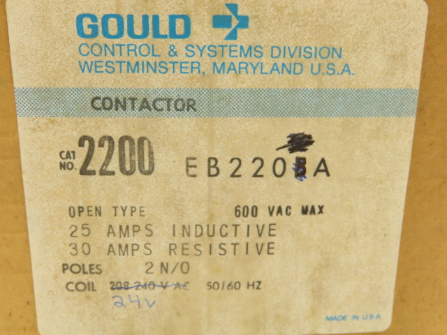 Gould 2200 EB220BA Contactor 30A 2-Pole N/O 600V Max 24VAC Coil