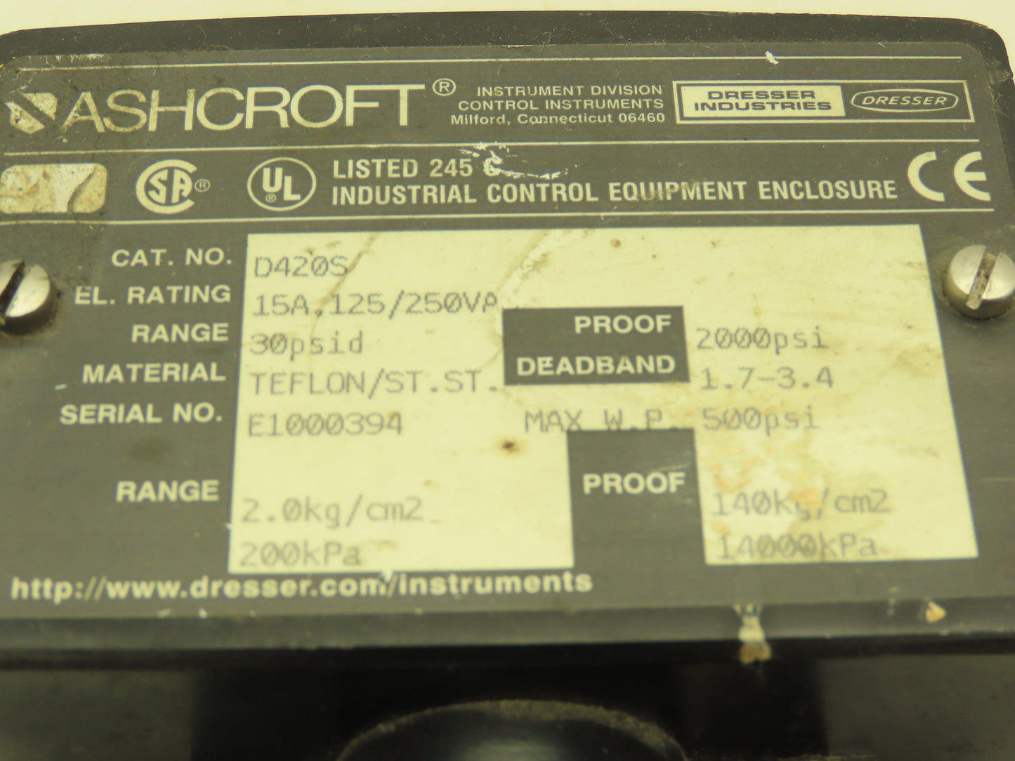 Ashcroft D420S Pressure Switch 30 PSID 15A 125/250VAC