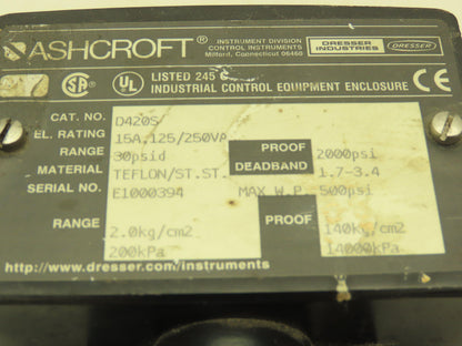 Ashcroft D420S Pressure Switch 30 PSID 15A 125/250VAC
