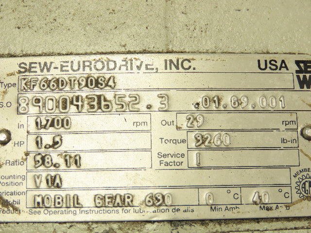 Sew Eurodrive KF66DT90S4 Gear Reducer 58.11:1 Ratio 1.5hp 29 Rpm 230/460v 3ph