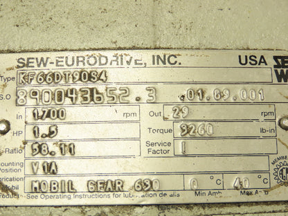Sew Eurodrive KF66DT90S4 Gear Reducer 58.11:1 Ratio 1.5hp 29 Rpm 230/460v 3ph