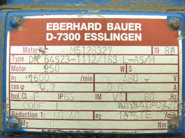 Eberhard Bauer D-7300 Esslinger Gearmotor Brake 480v .8A 98.4:1 Ratio 16.5rpm RH