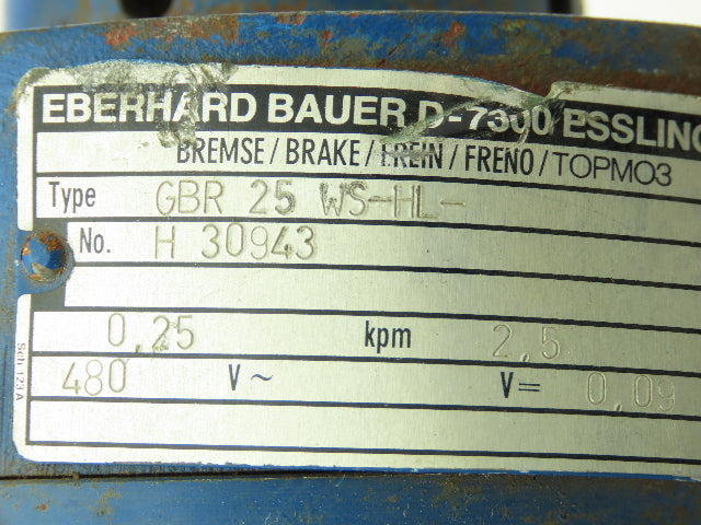 Eberhard Bauer D-7300 Esslinger Gearmotor Brake 480v .8A 98.4:1 Ratio 16.5rpm RH