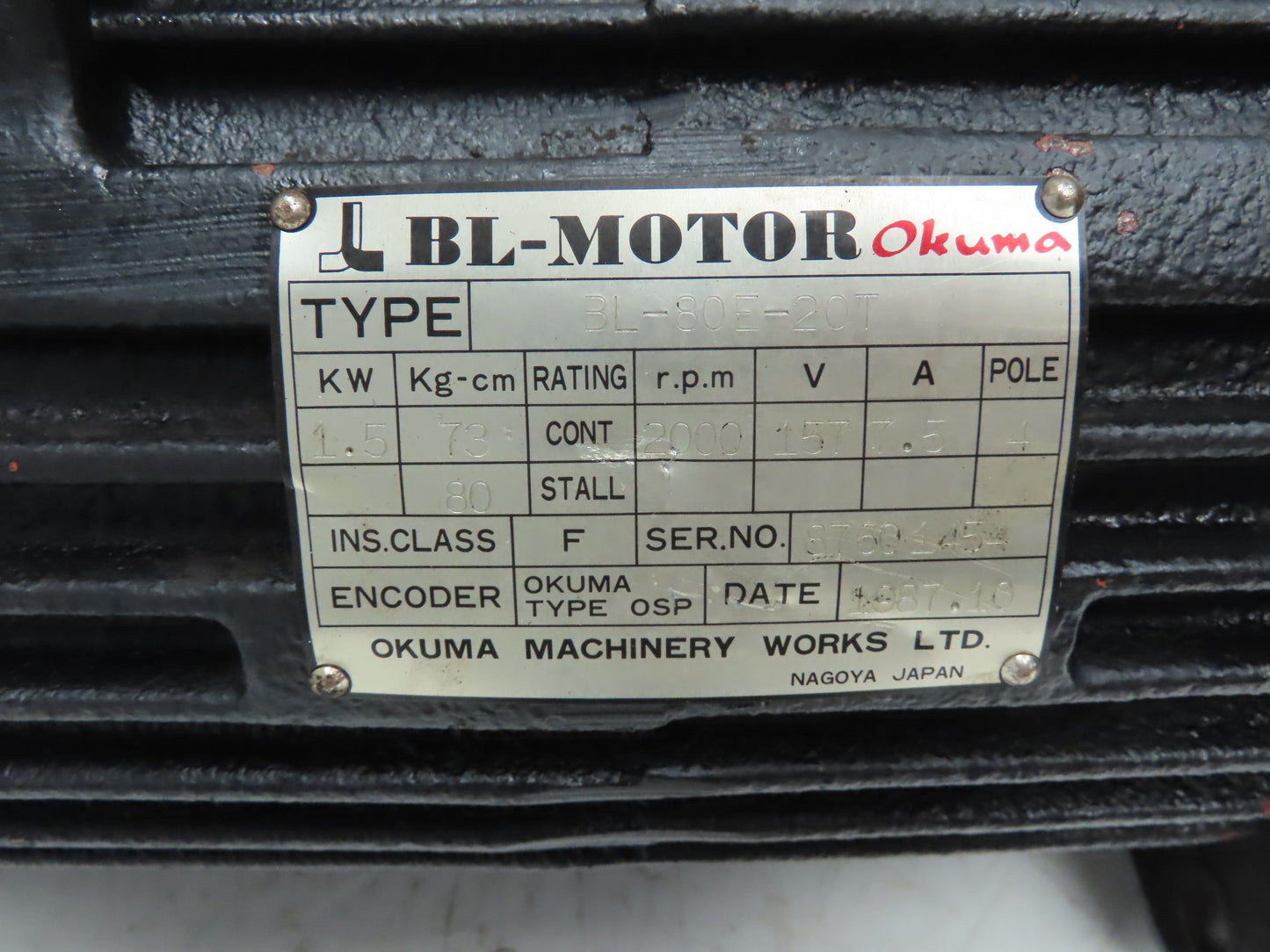Okuma BL-80E-20T BL-Motor 1.5 Kw 2000 Rpm 157 Volt w/ Encoder, Okuma LB15