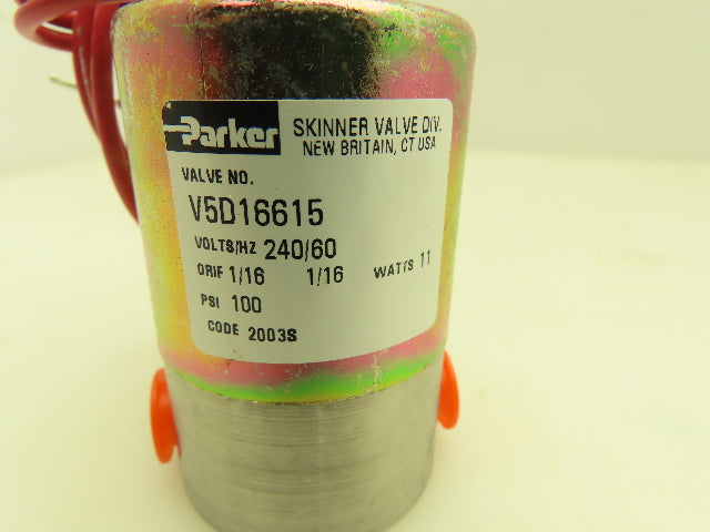Parker Skinner V5D16615 Solenoid Valve 3-Way NC On/Off 240V 100 PSI 1/8"NPT