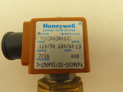 Honeywell Skinner 703N3N1C Brass Solenoid Valve 2-Way NC 120V 3-150 PSI 3/8" NPT
