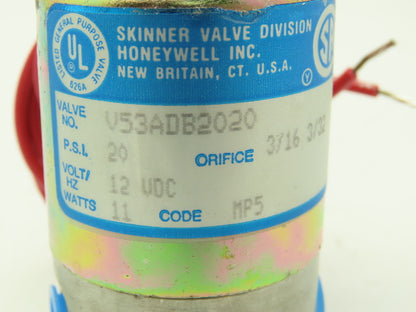 Honeywell Skinner V53ADB2020 Solenoid Valve 3-Way NC 12VDC 20 PSI 1/4" NPT