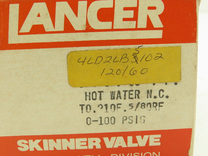 Skinner Lancer 4LD2LB5102 Solenoid Valve 2-Way NC 120V 100 PSI 3/8"NPT Hot Water