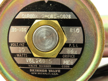 Skinner Cardox V5L26985 Solenoid Valve 3-Way 120 VDC 850 PSI 1/4" NPT NO