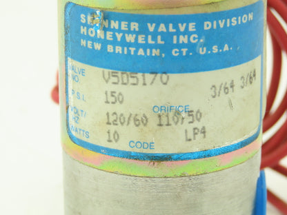 Honeywell Skinner V5D5170 Solenoid Valve 3-Way NC 120V 150 PSI 1/4" NPT