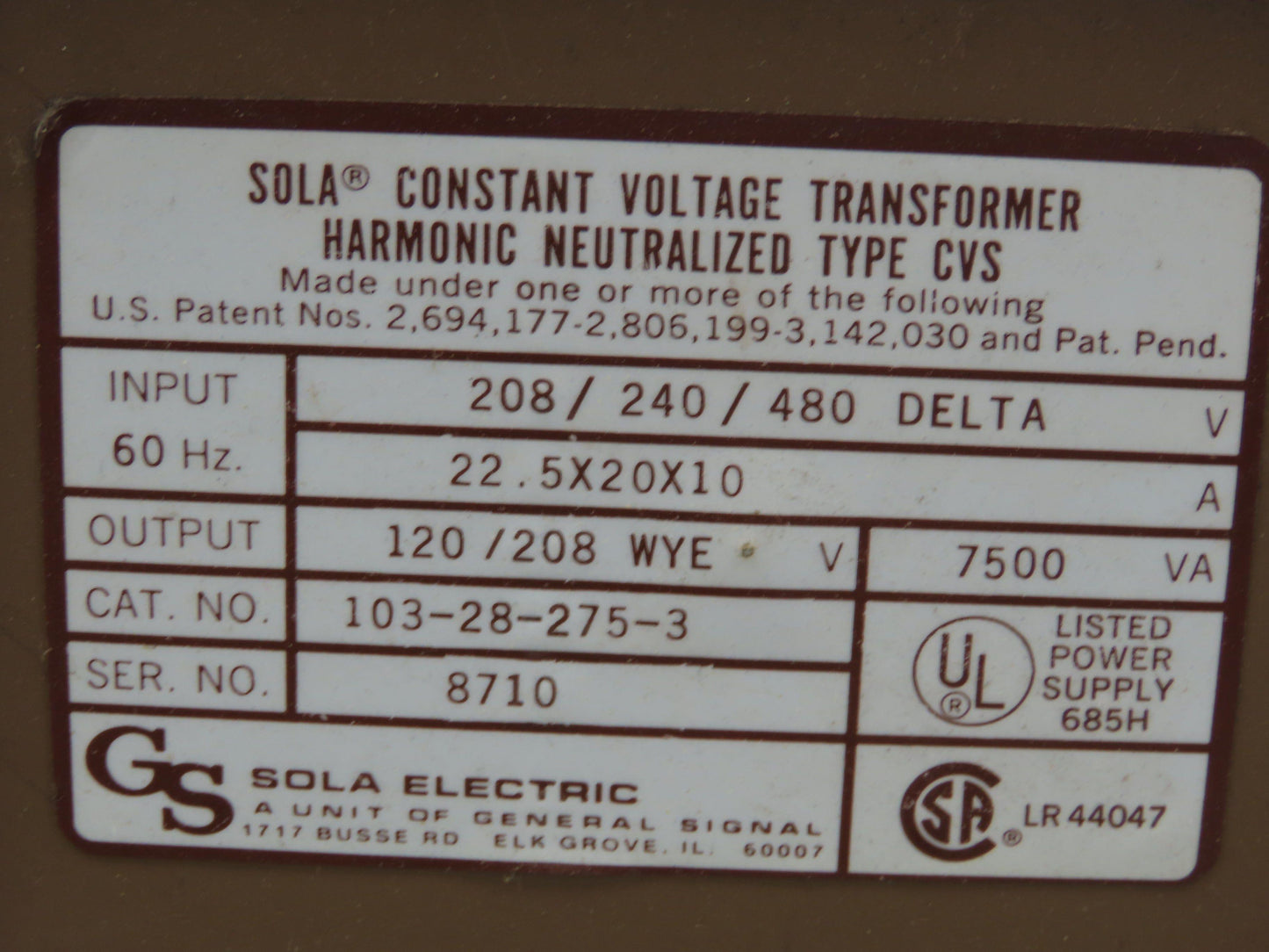 Sola 103-28-275-3 7500va Harmonic Neutralized CVS Voltage Regulator