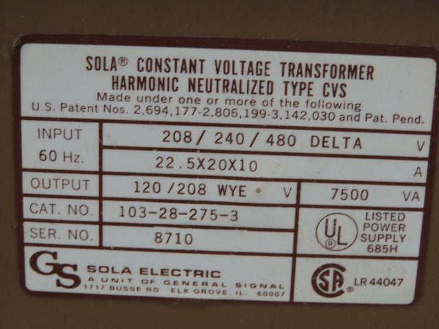 Sola 103-28-275-3 7500va Harmonic Neutralized CVS Voltage Regulator
