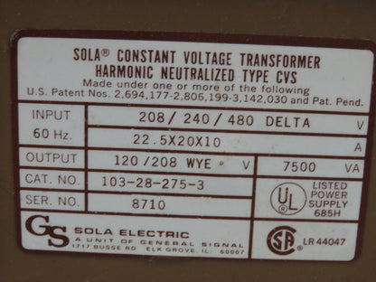 Sola 103-28-275-3 7500va Harmonic Neutralized CVS Voltage Regulator
