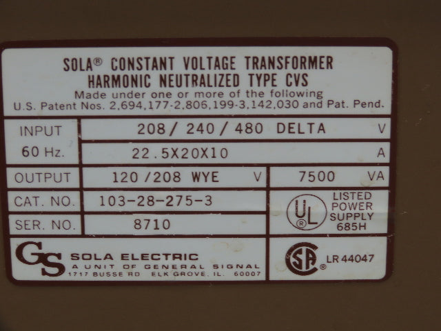 Sola 103-28-275-3 7500va Harmonic Neutralized CVS Voltage Regulator