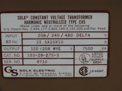 Sola 103-28-275-3 7500va Harmonic Neutralized CVS Voltage Regulator