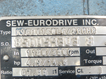 Sew Eurodrive Gear Reducer 13/40 Rpm, 2 Speed Motor W/Brake 87.55:1, 4.9/14.6 Hp