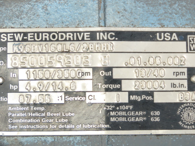 Sew Eurodrive Gear Reducer 13/40 Rpm, 2 Speed Motor W/Brake 87.55:1, 4.9/14.6 Hp