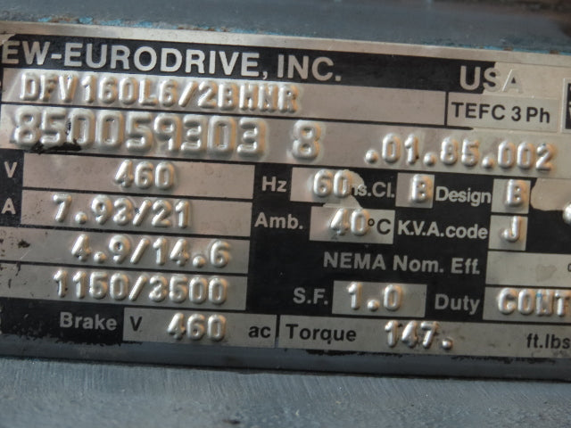 Sew Eurodrive Gear Reducer 13/40 Rpm, 2 Speed Motor W/Brake 87.55:1, 4.9/14.6 Hp