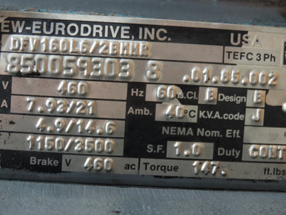 Sew Eurodrive Gear Reducer 13/40 Rpm, 2 Speed Motor W/Brake 87.55:1, 4.9/14.6 Hp