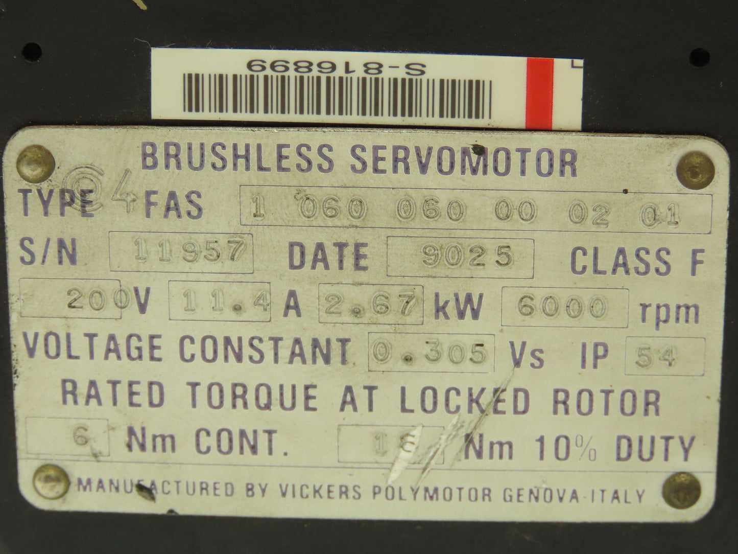 Vickers FAS 1 060 060 00 02 01 Brushless Servomotor 200v 2.67kw 6000rpm