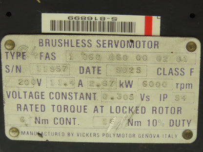 Vickers FAS 1 060 060 00 02 01 Brushless Servomotor 200v 2.67kw 6000rpm