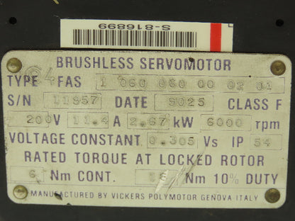 Vickers FAS 1 060 060 00 02 01 Brushless Servomotor 200v 2.67kw 6000rpm