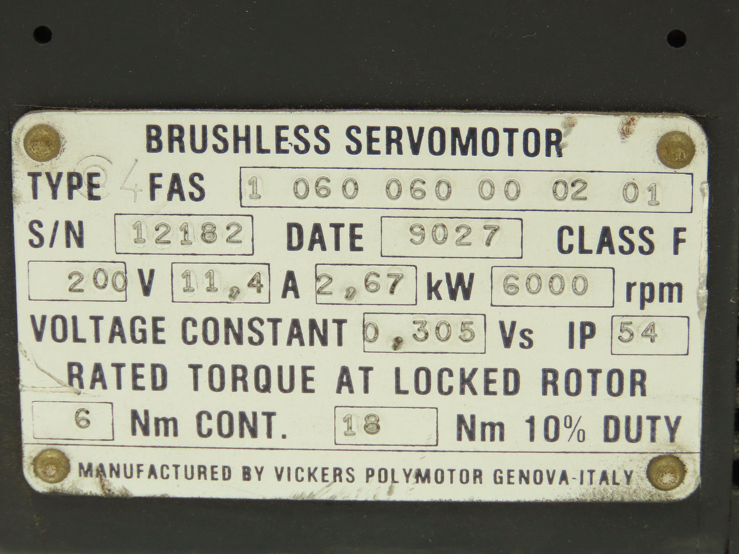 Vickers Brushless Servomotor 200v 2.67kw 6000rpm