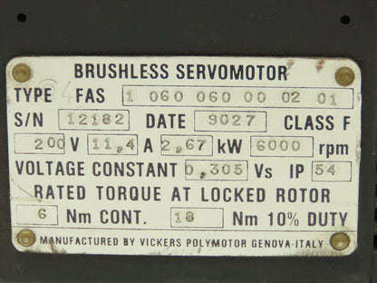 Vickers Brushless Servomotor 200v 2.67kw 6000rpm