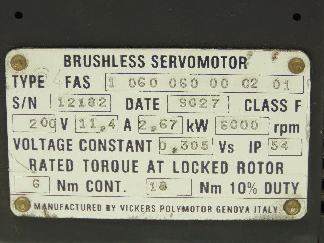 Vickers Brushless Servomotor 200v 2.67kw 6000rpm