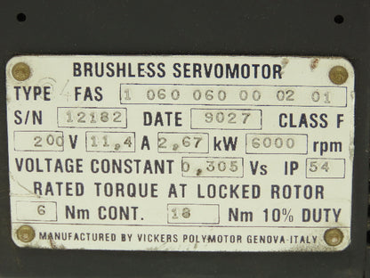 Vickers Brushless Servomotor 200v 2.67kw 6000rpm