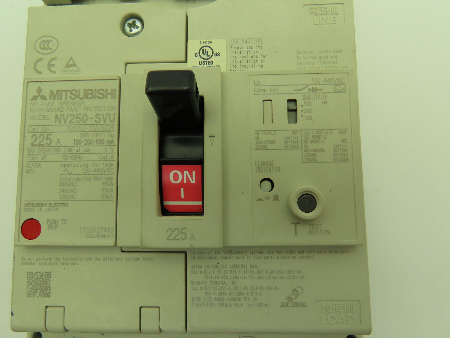 Mitsubishi Electric NV250-SVU Circuit Breaker Ground Fault 225A 3Ph 480V