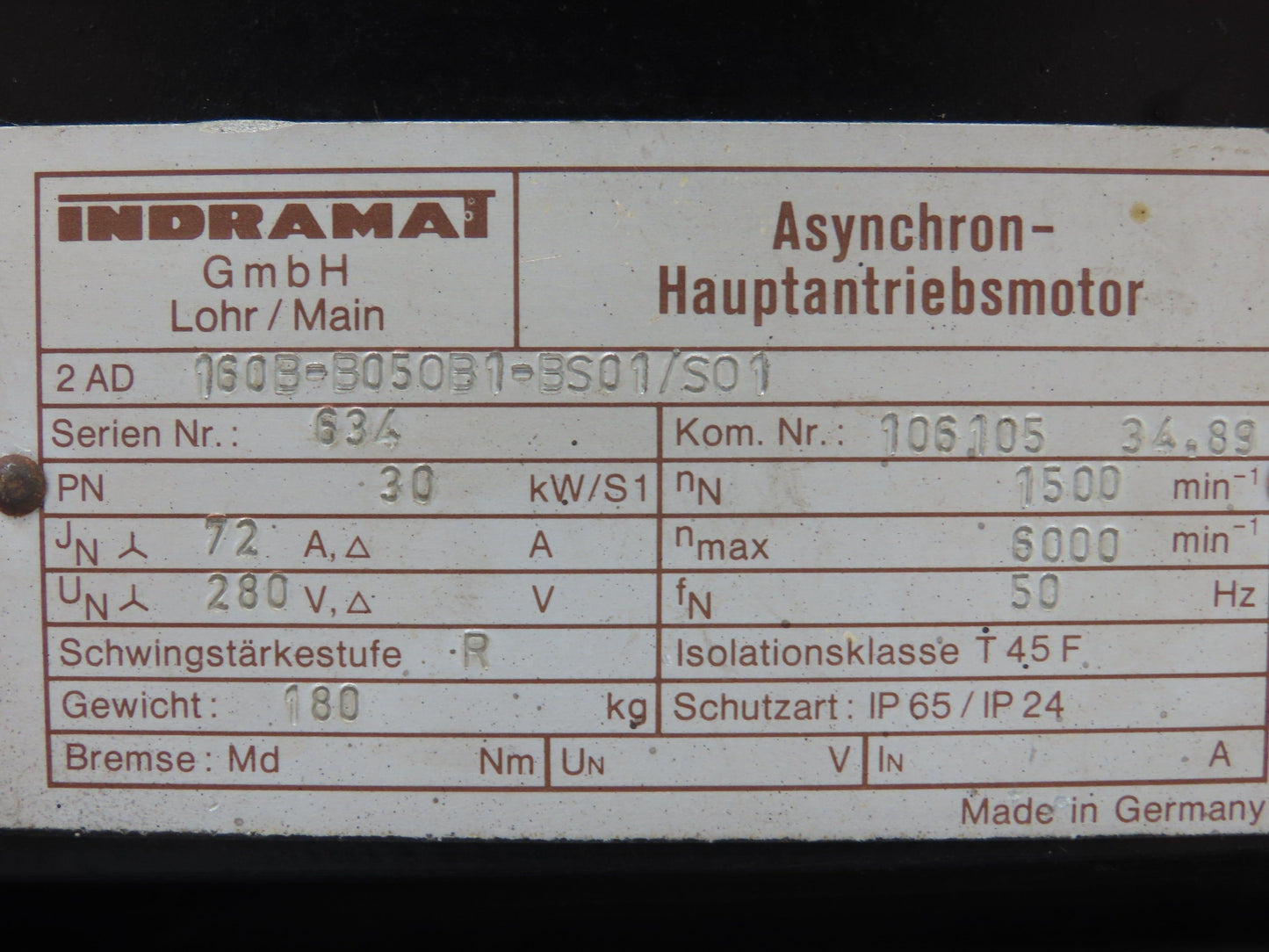 Indramat 2AD 160B-B05OB1-BS01/S01 30kw 1500-6000rpm AC Induction Motor