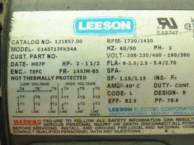 Leeson C145T17FK54A Pump Motor 2 Hp, 1730 Rpm, 145FM-85 Frame, 208-230/460v 3ph