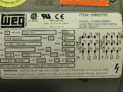 Weg 5036ES3EB56C Motor .5 Hp 3470 Rpm B56C Frame 208-230/460v 3ph