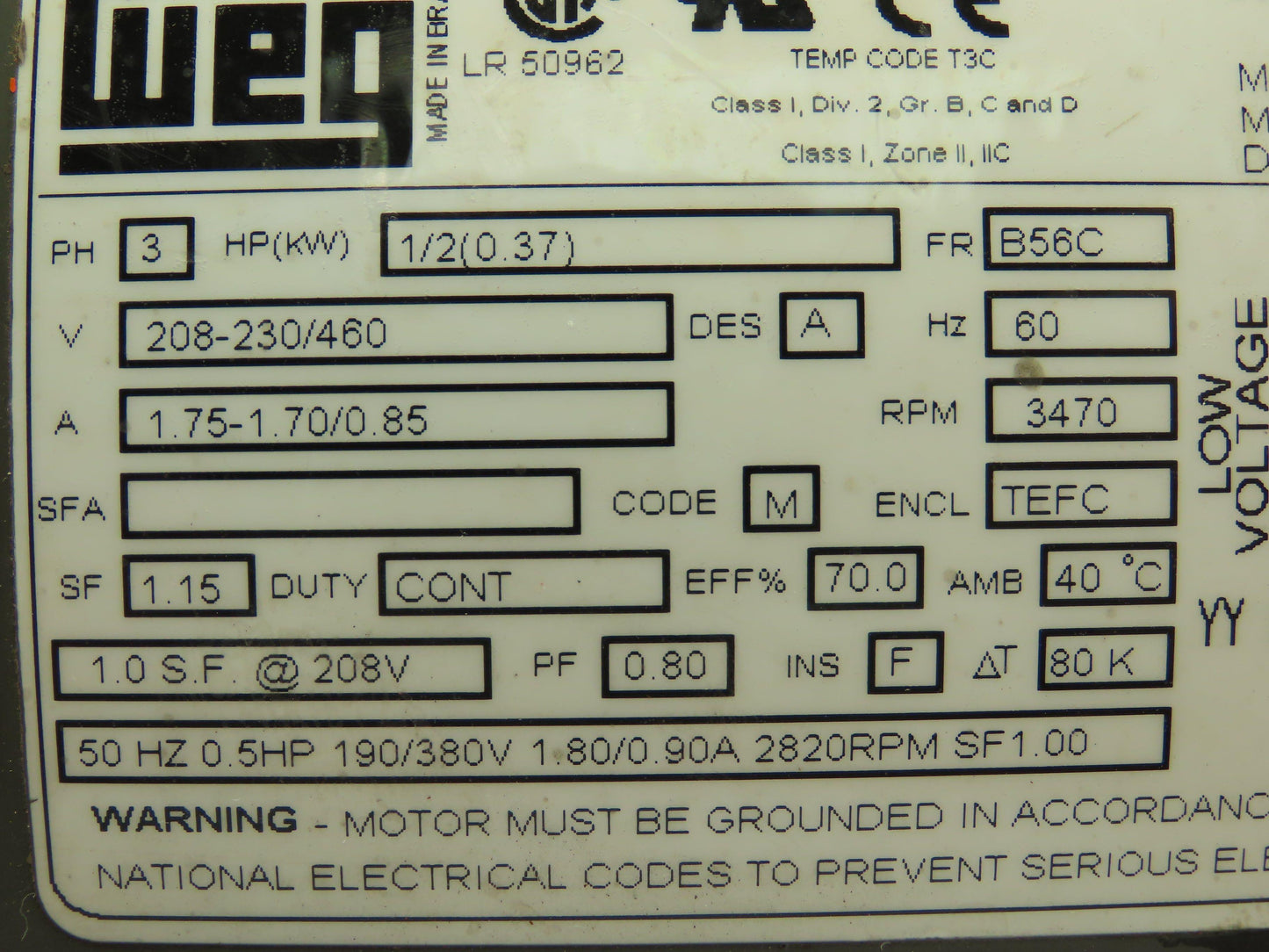 Weg 5036ES3EB56C Motor .5 Hp 3470 Rpm B56C Frame 208-230/460v 3ph
