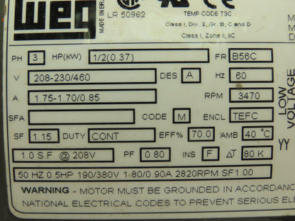 Weg 5036ES3EB56C Motor .5 Hp 3470 Rpm B56C Frame 208-230/460v 3ph