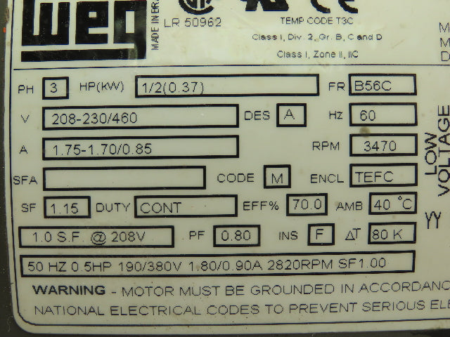 Weg 5036ES3EB56C Motor .5 Hp 3470 Rpm B56C Frame 208-230/460v 3ph
