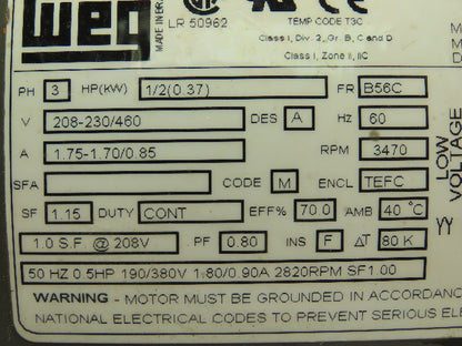 Weg 5036ES3EB56C Motor .5 Hp 3470 Rpm B56C Frame 208-230/460v 3ph
