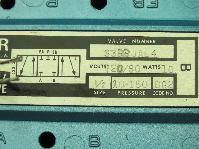 Honeywell Skinner S3RRJAL4 Solenoid Spool Valve 5-Way 3 Pos 120V 150 PSI 1/2"NPT