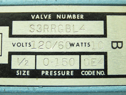 Honeywell Skinner S3RRGBL4 Solenoid Spool Valve 5-3-Way NC 120V 150 PSI 1/2" NPT