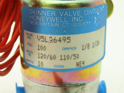 Honeywell Skinner V5L26495 Solenoid Valve 3-Way NO 100PSI 120V 1/8"NPT Over Ride